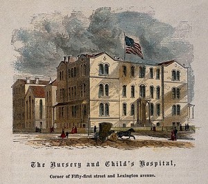 view Nursery and Child's Hospital, New York. Coloured wood engraving.