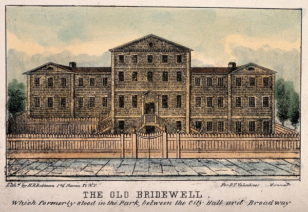Old Bridewell, New York. Coloured lithograph by H.R. Robinson.