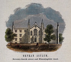 view Orphan Asylum, New York. Coloured wood engraving by L. Casing-Barrett.