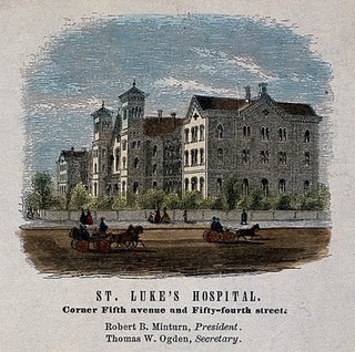 St. Luke's Hospital, New York. Coloured wood engraving.