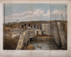 view South Gate House, New Reservoir, New York. Coloured lithograph by A. Brown & Co., 1862.