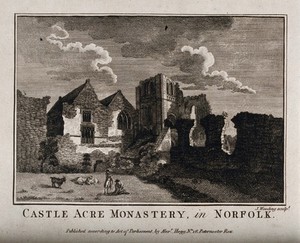 view Castle Acre Monastery, Norfolk, England: ruins. Line engraving by J. Wooding.