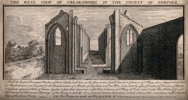 Creak Priory, Norfolk, England: ruins. Etching by Saml. & Nathl. Buck, 1738, after himselves.