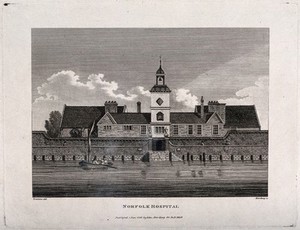 view Norfolk and Norwich Hospital, Norfolk. Line engraving by E. Harding, 1801, after C. Tomkins.