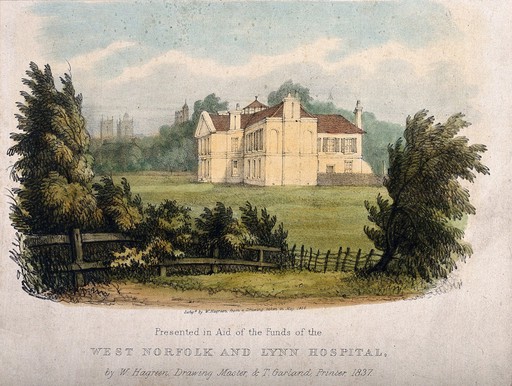 West Norfolk and Lynn Hospital, Norfolk, England. Coloured lithograph by W. Hagreen, 1836, after himself.