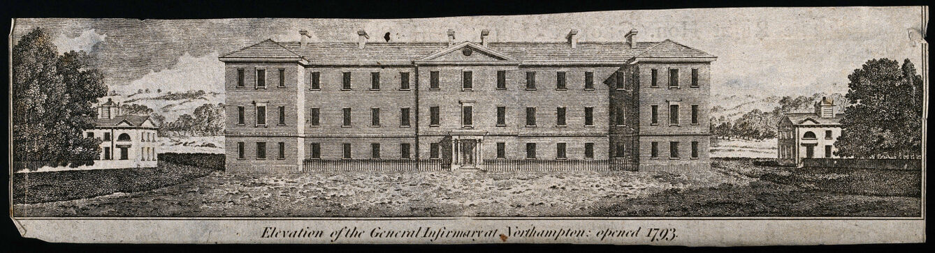 General Infirmary, Northampton, England. Line engraving.