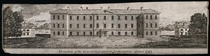 view General Infirmary, Northampton, England. Line engraving.