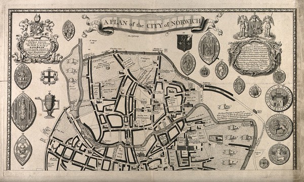 Norwich City, Norfolk: map of the city with ornamental seals. Line engraving.