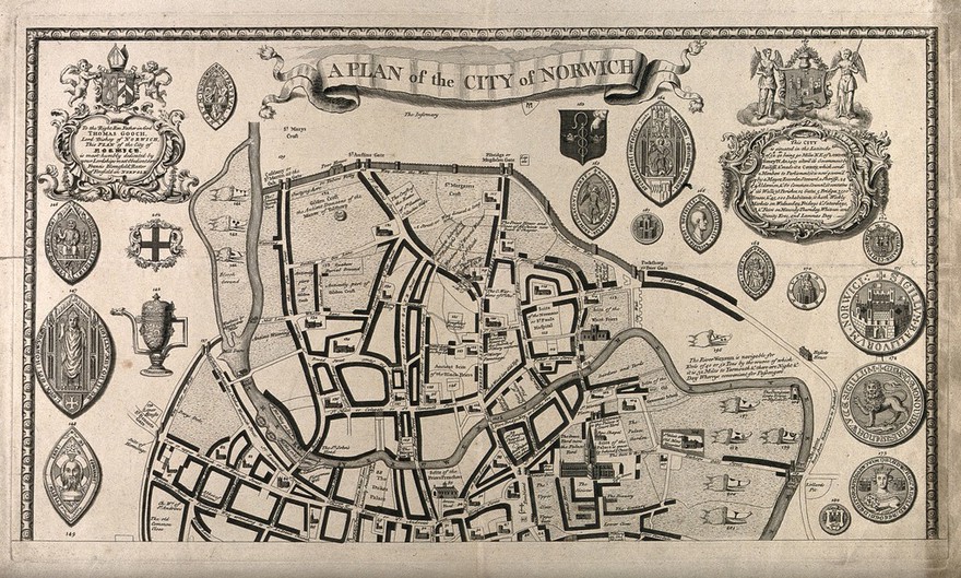 Norwich City, Norfolk: map of the city with ornamental seals. Line engraving.