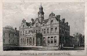 view Norfolk and Norwich Hospital, Norwich. Line engraving by W. & C. Yates.