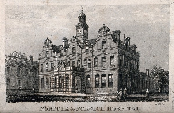 Norfolk and Norwich Hospital, Norwich. Line engraving by W. & C. Yates.