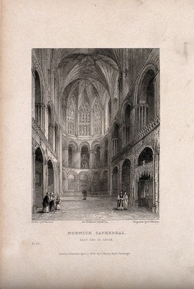 Norwich Cathedral, Norwich, Norfolk: interior. Etching by B. Winkles, 1837, after R. Garland.