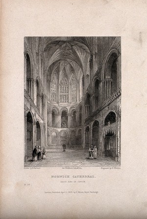 view Norwich Cathedral, Norwich, Norfolk: interior. Etching by B. Winkles, 1837, after R. Garland.