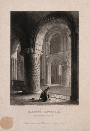 view Norwich Cathedral, Norwich, Norfolk: private prayers. Etching by B. Winkles, 1837, after H.K. Browne.