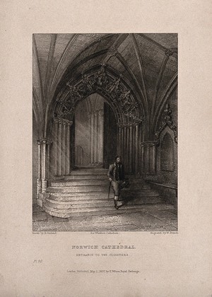 view Norwich Cathedral, Norwich, Norfolk: cloisters entrance. Line engraving by W. French, 1837, after R. Garland.