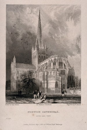 view Norwich Cathedral, Norwich, Norfolk. Etching by W. French, 1837, after J. Salmon.