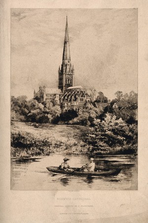 view Norwich Cathedral, Norwich, Norfolk: from the river. Etching by E. Slocombe.