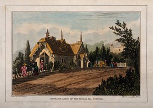 view Beulah Spa, Norwood, Surrey: entrance lodge. Coloured aquatint, after J.P. Neale, 1831.