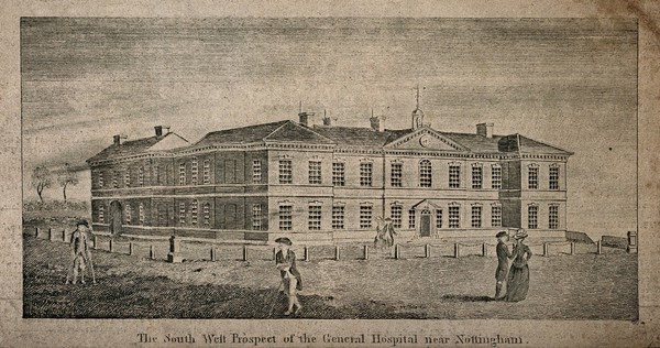 General Hospital, Nottingham, England. Line engraving.