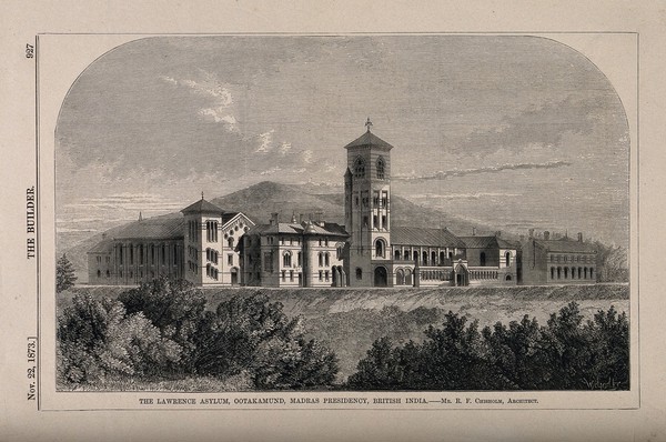 Lawrence Asylum, Ootakamund, Madras, India. Wood engraving by J. Walmsley, 1873, after R.F. Chisholm.