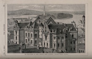 view Real-School, Ofen, near Budapest, Hungary. Wood engraving by I.S. Heaviside, 1860, after B. Sly.