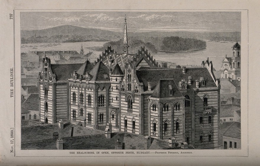 Real-School, Ofen, near Budapest, Hungary. Wood engraving by I.S. Heaviside, 1860, after B. Sly.