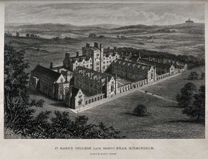 view St. Mary's College, Oscott, Staffordshire: bird's-eye view. Line engraving.