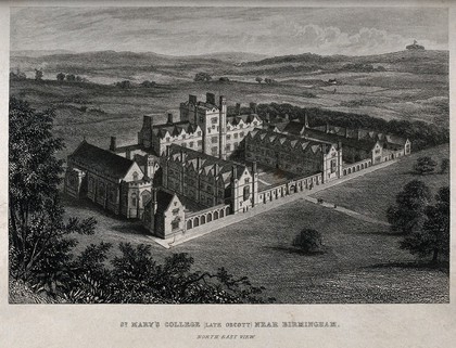 St. Mary's College, Oscott, Staffordshire: bird's-eye view. Line engraving.