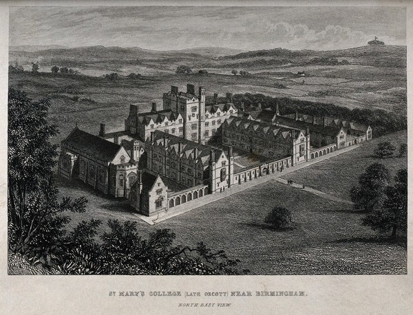 St. Mary's College, Oscott, Staffordshire: bird's-eye view. Line engraving.