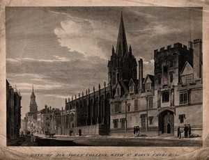 view All Souls College and St. Mary's Church, Oxford: showing the gateway. Line engraving by J. Basire after H. O'Neill.