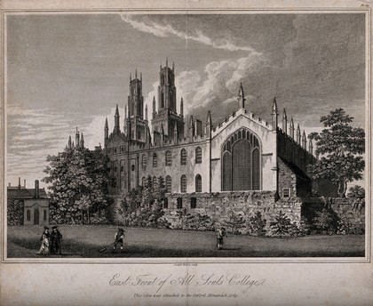 All Souls College, Oxford. Line engraving by J. Skelton, 1796.