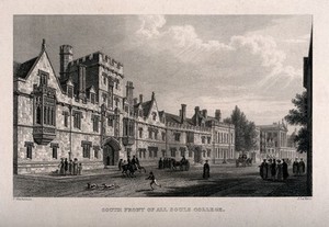 view All Souls College, Oxford: showing the lodge and Queen's College. Line engraving by J. Le Keux after F. Mackenzie.