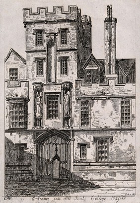 All Souls College, Oxford: entranceway. Etching by Soho, 1821.