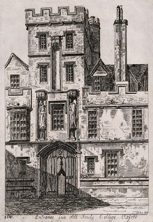 view All Souls College, Oxford: entranceway. Etching by Soho, 1821.