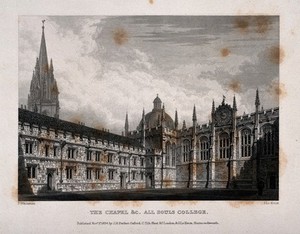 view All Souls College, Oxford: chapel, with St. Mary's Church and the Radcliffe Camera. Line engraving by J. Le Keux, 1834, after F. Mackenzie.