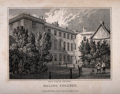 Balliol College, Oxford: from the gardens. Line engraving by J. & H.S. Storer, 1821.