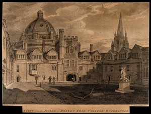 view Brasenose College, Oxford: quadrangle, with St. Mary's Church and the Radcliffe Camera behind. Line engraving by J. Basire after J.M.W. Turner.