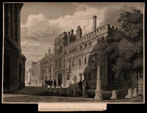 view Brasenose College, Oxford: with schoolchildren at the side of the Radcliffe Camera. Line engraving.