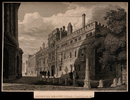 Brasenose College, Oxford: with schoolchildren at the side of the Radcliffe Camera. Line engraving.