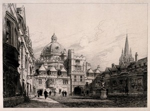 view Brasenose College, Oxford: quadrangle with the Radcliffe Camera in the background. Etching by H. Toussaint.
