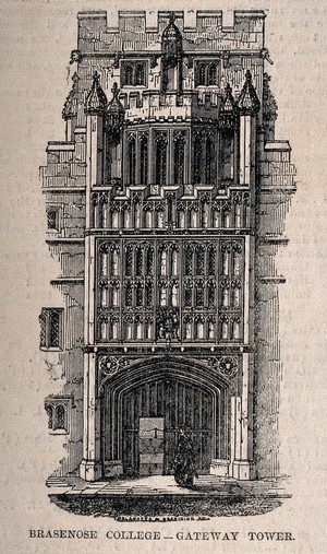 view Brasenose College, Oxford: gateway. Wood engraving.