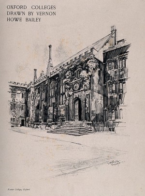 view Exeter College, Oxford: main gate and clock. Process print after V.H. Bailey, 1902.