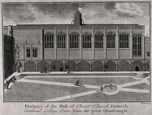 view Christ Church, Oxford: quadrangle. Line engraving by P. Fourdrinier.