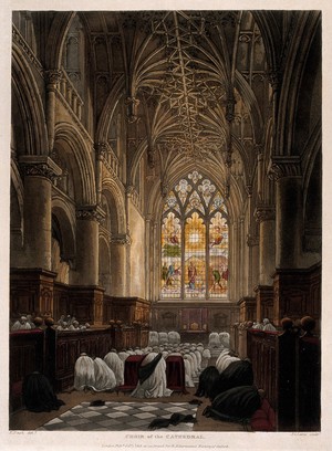 view Christ Church, Oxford: prayers in the chapel. Coloured aquatint by F.C. Lewis, 1813, after F. Nash.