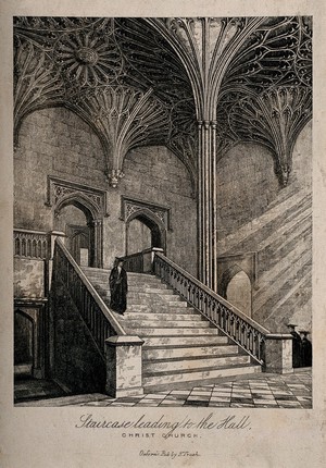 view Christ Church, Oxford: staircase to the Hall. Etching.