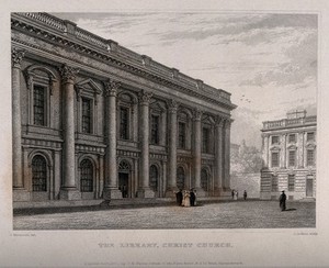 view Christ Church, Oxford: library. Line engraving by J. Le Keux, 1832, after J. Mackenzie.