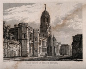 view Christ Church, Oxford: panoramic view. Line engraving by J. Le Keux, 1833, after F, Mackenzie.