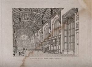 view Christ Church, Oxford: interior of hall. Line engraving by J. Le Keux, 1833, after F. Mackenzie.