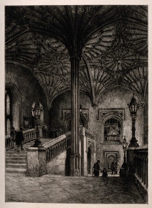 view Christ Church, Oxford: interior of staircase leading to the hall. Etching by A.L. Brunet Debaines.