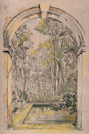 view Christ Church, Oxford: the bath and gardens. Coloured etching by C.G. Lewis after J.M. Ince.